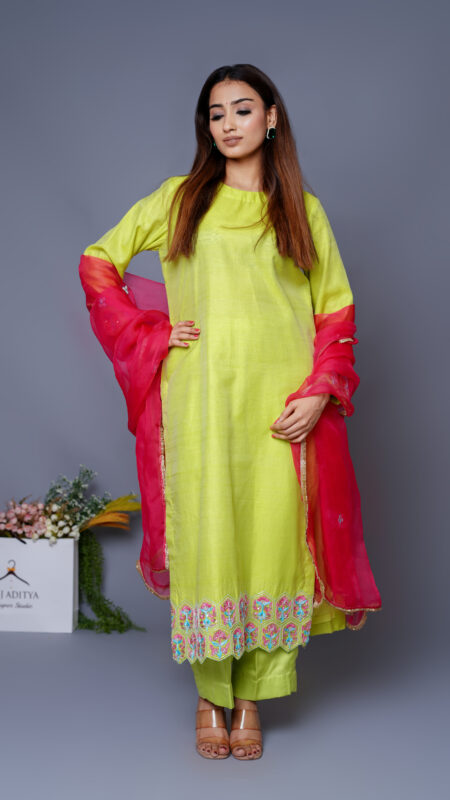 Neon Chanderi Silk Kurta Set with organza dupatta
