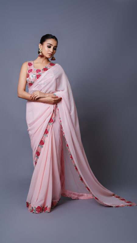 Peach Pink Pure Georgette Saree with blouse