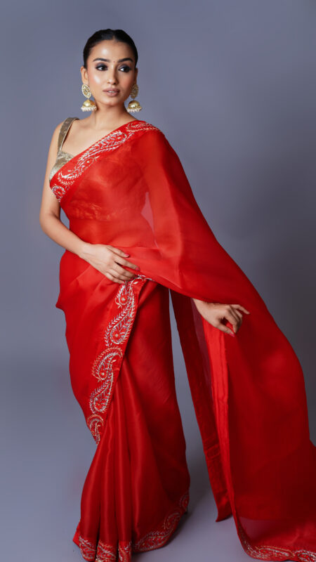 Red hot Pure Satin Organza Silk Saree with blouse