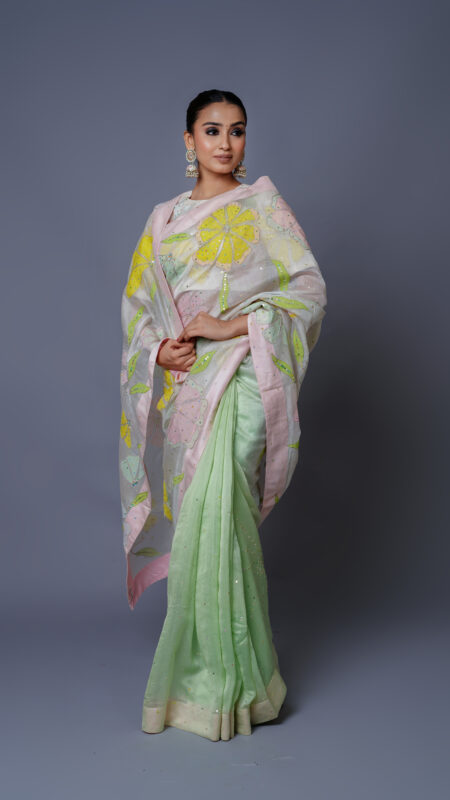 Chanderi Silk Mint green and Off white Saree Set