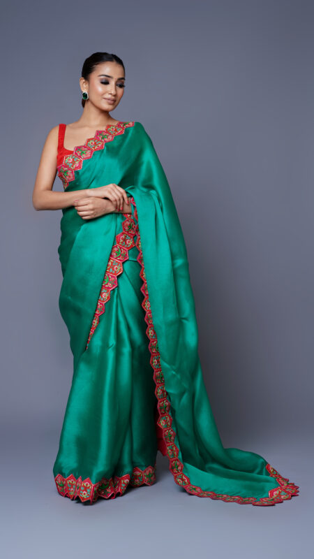 Green Satin Organza Saree Set