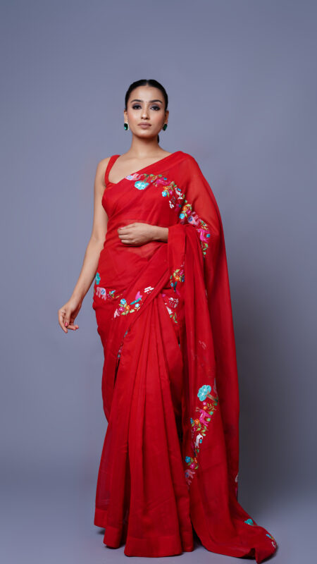 Red Chanderi Silk Saree Set