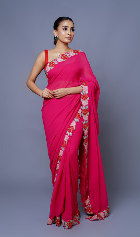 Pink Pure Georgette Saree Set