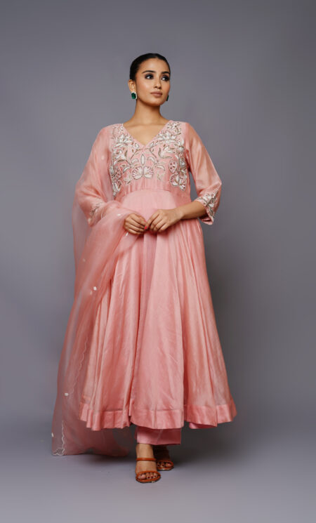 Peach Chanderi Silk Suit With Pure Organza Dupatta