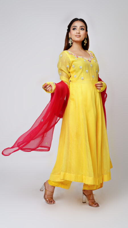 Yellow Embroidered Chanderi Silk Anarkali Set with Red Organza Dupatta