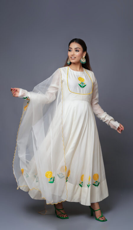 Off-White Chanderi Silk Anarkali Set with Dupatta