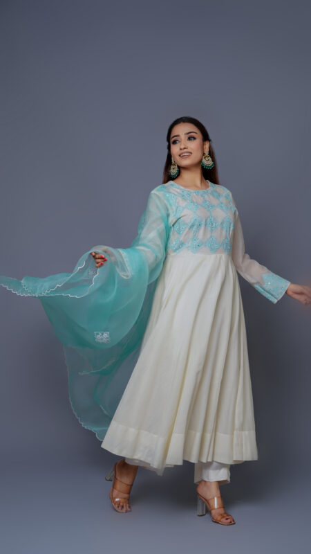 Off-White Chanderi Silk Anarkali Set with Organza Silk Dupatta