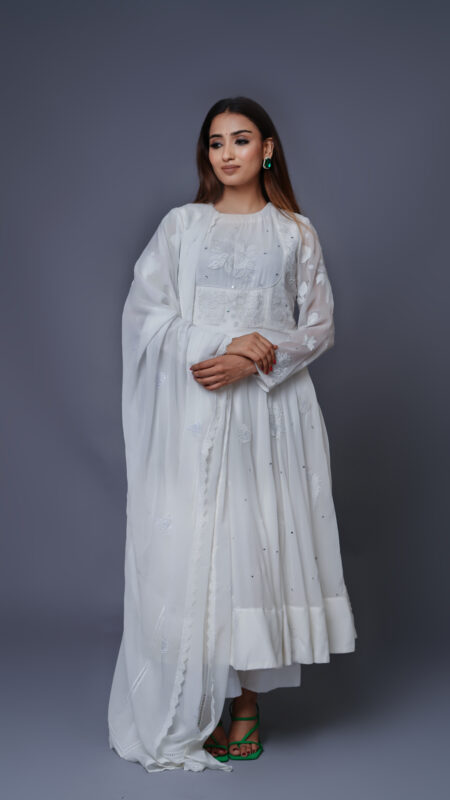 White Georgette Anarkali Set with Dupatta