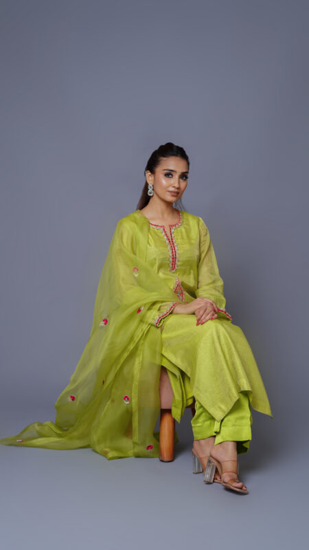 Neon Green Half Tissue Chanderi Suit with Dupatta