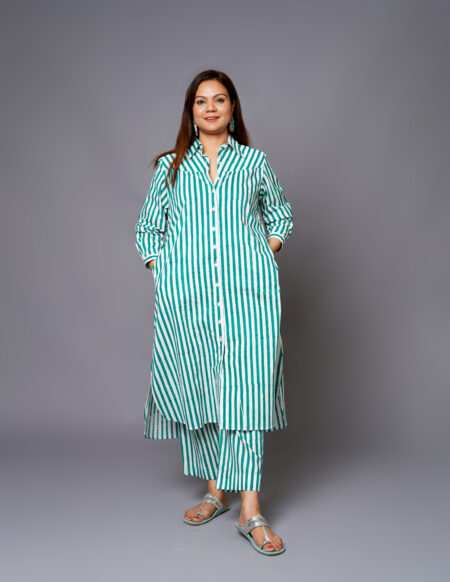 Green Stripes Hand-Block printed Cotton Coord Set